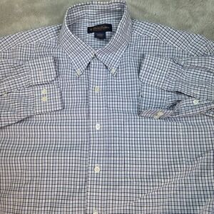 Brooks Brothers Button Down Shirt Mens Large Blue White Check Non-Iron Cotton